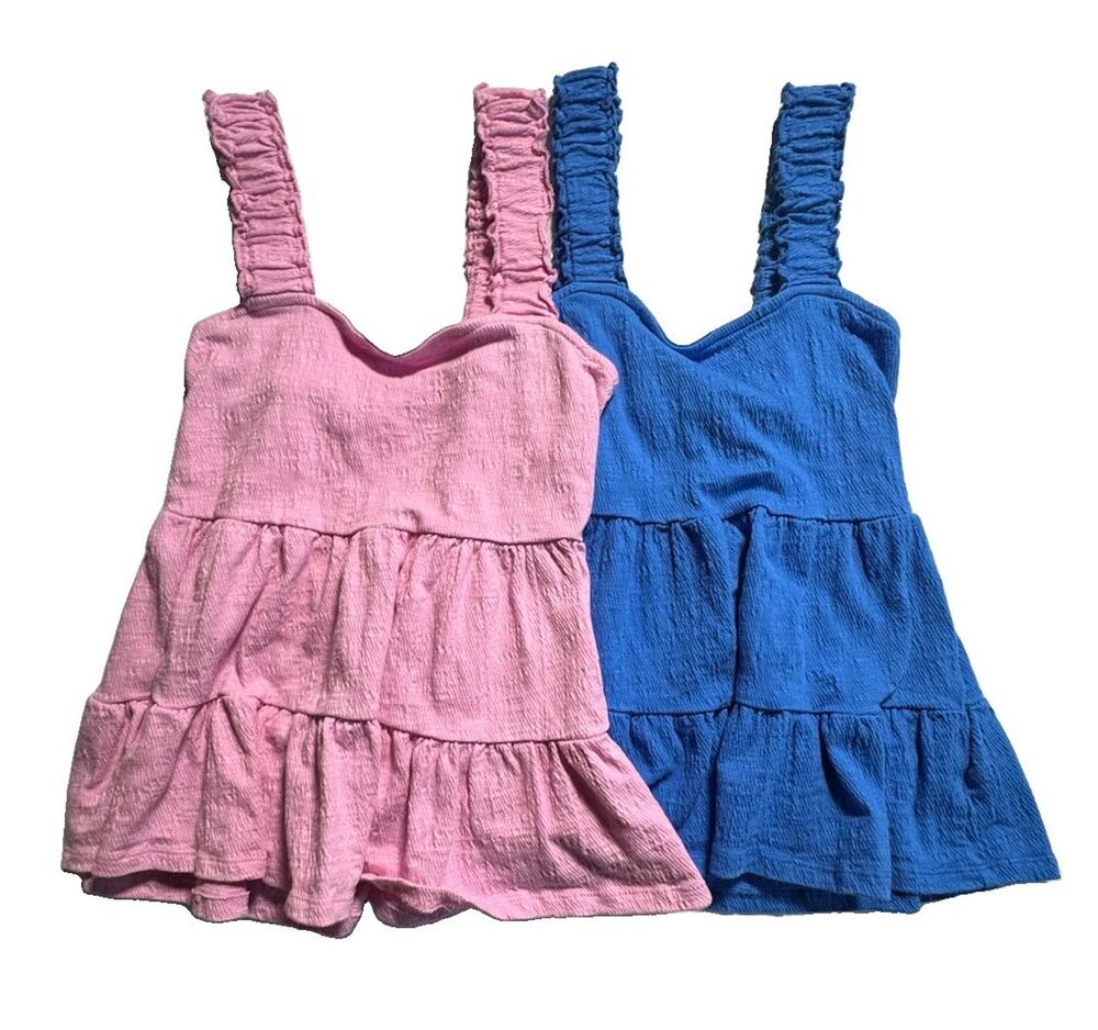 Lot of 2 Altar’d State Womens Medium Tiered Ruffle Tank Tops Pink Blue